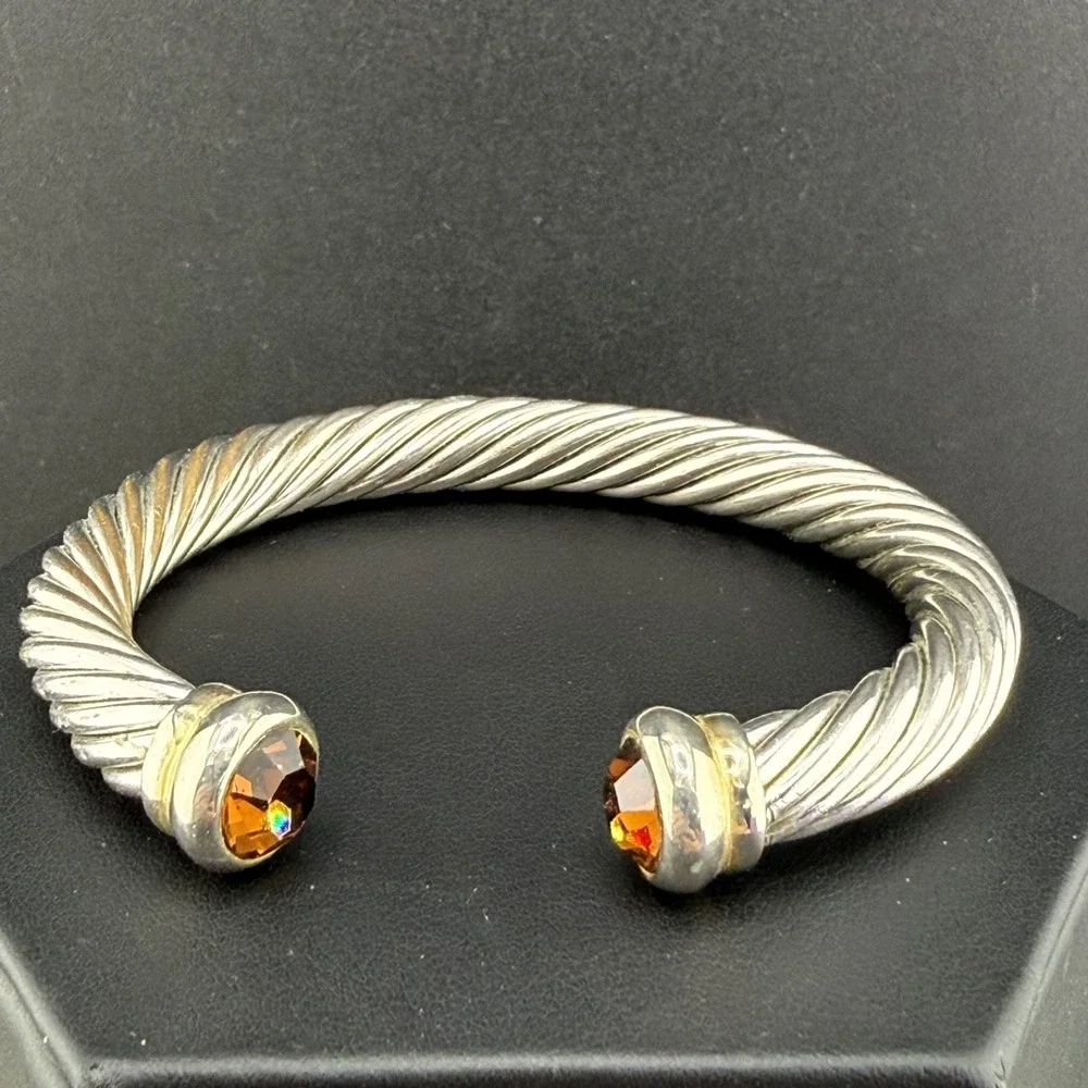Vintage Cable Cuff Bracelet Silver Tone Orange Rhinestone‎ 6.5